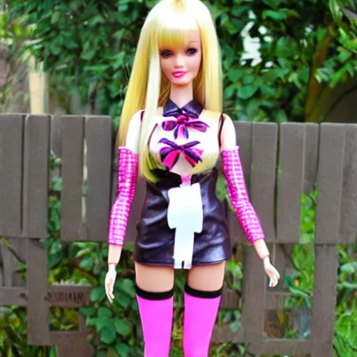 Prompt: anime barbie doll, leather bunny costume bodysuit, playboy, rabbit ears, plaid tights, full length, raspberry banana color, lace
