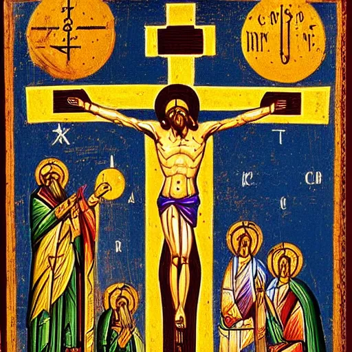 Image similar to crucified goat, orthodox icon style, occult symbols, byzantine art