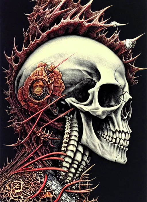 Image similar to a side view of skull with punk mohawk, highly detailed, art by Ayami Kojima, Beksinski, Giger