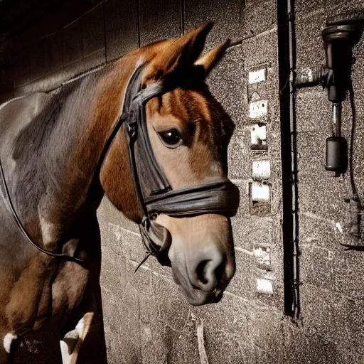 Image similar to noire detective shot with 4k dslr camera of a horse detective. My home used to be stable, now lifes gone to trott. Donkey in a trenchcoat smoking acigar. MDMHay infused darkroom darkengine shot by netflix, high budget, cgi by james gunn.