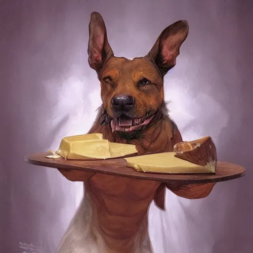 Prompt: a portrait of Dog devouring cheese, highly detailed, digital painting, artstation, concept art, sharp focus, illustration, art by artgerm and greg rutkowski and alphonse mucha