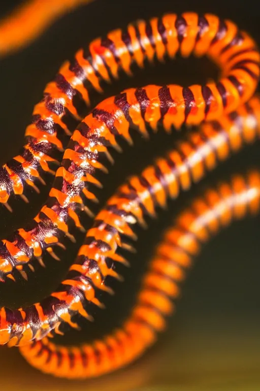 Image similar to high quality close-up photo translucent gelatinous centipede! gorgeous highly detailed hannah yata elson peter cinematic orange lighting high quality low angle hd 8k sharp shallow depth of field