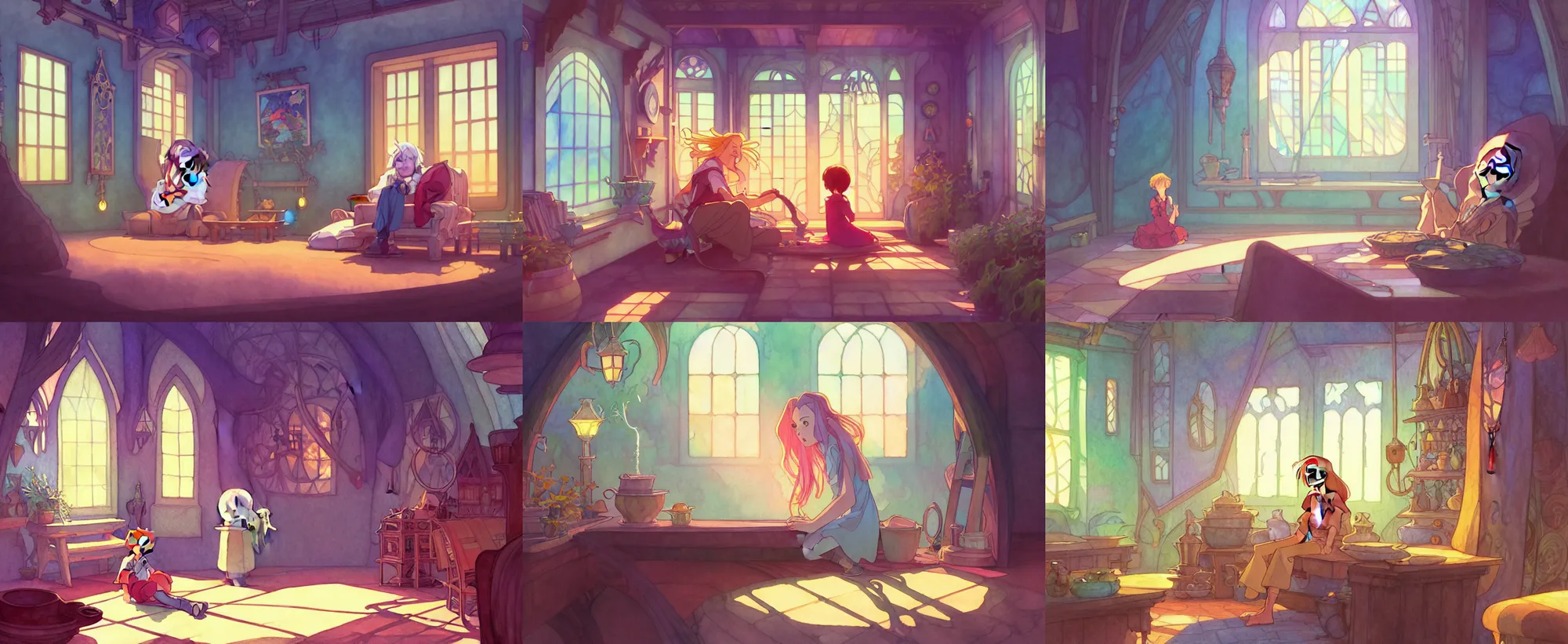 Prompt: a wholesome animation key shot of a wizard in his wizard house, studio ghibli, pixar and disney animation, sharp, disney concept art watercolor illustration by mandy jurgens and alphonse mucha and alena aenami, pastel color palette, dramatic lighting