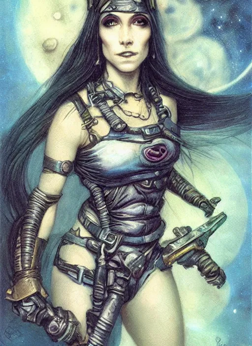 Image similar to portrait of female space pirate, night sky background, beautiful! coherent! by brom, by brian froud, deep color, strong line, high contrast