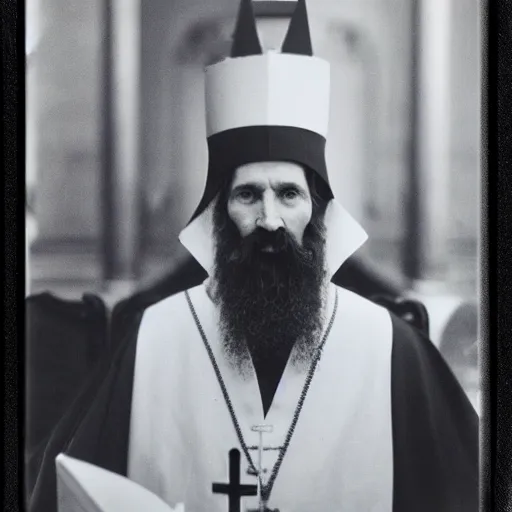 Prompt: cardinal - bishops that looks like breton monk rasputin in apostolic palace in vatican, polaroid