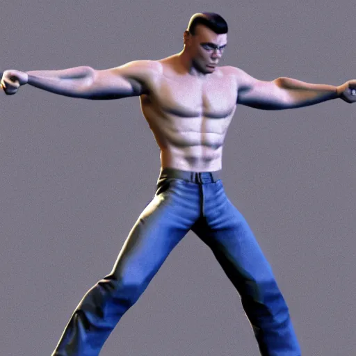 Image similar to a render of a low poly 3d model of 90's Jean Claude Van Damme, psx style, playstation 1 graphics, model is t-posing, black bg
