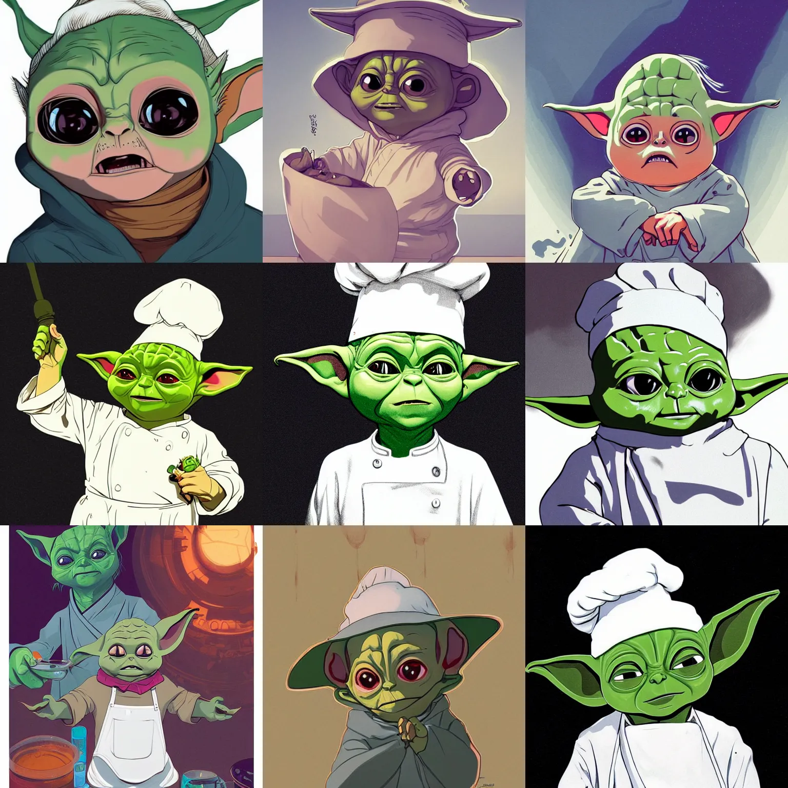 Prompt: cell shaded portrait of baby yoda wearing a white chef hat and wearing a white apron, concept art, llustration, concept art by josan gonzales and wlop, by james jean, victo ngai, david rubin, mike mignola, laurie greasley, highly detailed, sharp focus, logo trending on artstation, hq, deviantart, art by artgem