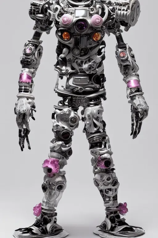 Image similar to full-body rococo and cyberpunk style porcelain and chrome statue of Marcelo Mastro android dotado sim camisa con un novinho gostoso e falling from the sky, glowing white laser eyes, prince crown of pink gears, diamonds, swirling silver-colored silk fabric. futuristic elements. full-length view. space robots. human skulls. intricate artwork by caravaggio. Trending on artstation, octane render, cinematic lighting from the right, hyper realism, octane render, 8k, depth of field, 3D