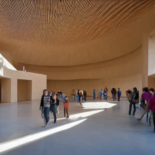 Image similar to indoor photo of a complex cultural building made of 3 d printed rammed earth, people walking