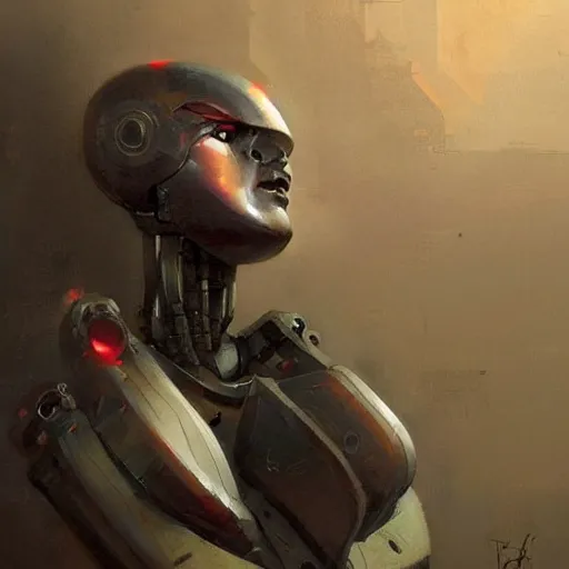 Prompt: portrait of a robot by greg rutkowski in the style of frank frazetta and boris vallejo