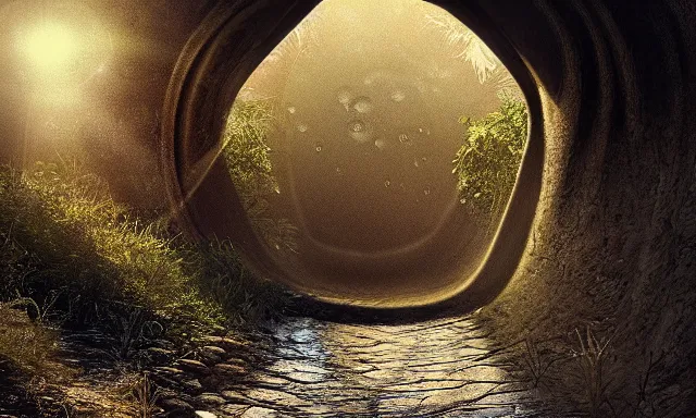 Image similar to beautiful photograph of a magical vertical cylindrical raindrop tunnel between a dried up river and the sun, highly-detailed, fantastic, dramatic lighting, artstation, 4k