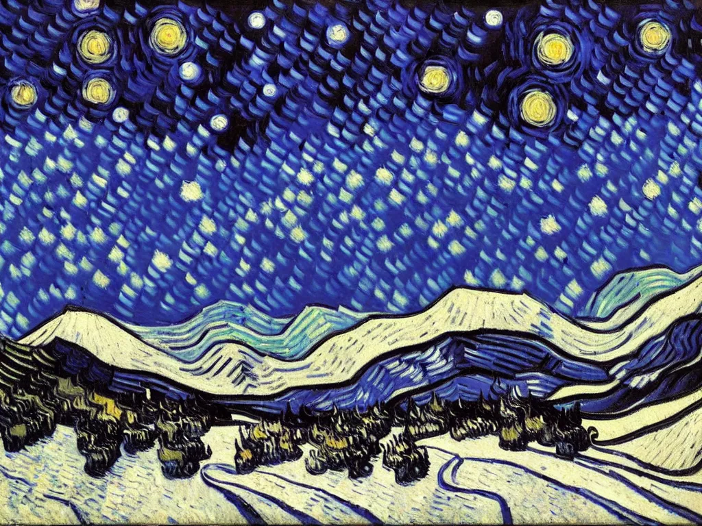 Image similar to thick impasto textured oil black and white painting of the laurentian appalachian mountains in winter by vincent van gogh, unique, original and creative landscape, snowy night, distant town lights, aurora borealis, deers and ravens, footsteps in the snow, brilliant composition