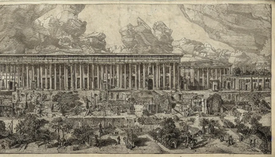 Image similar to a huge square with non euclidian building, by piranesi, high quality, high detailed