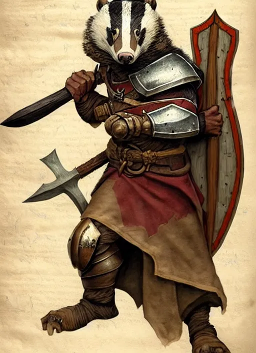 Image similar to a heroic badger paladin with great axe on a parchment background, redwall, greg rutowski and jean baptiste monge, detailed, epic fantasy concept art