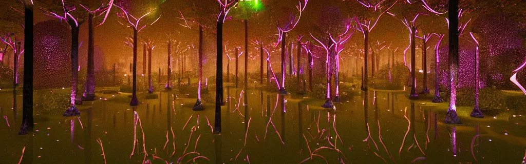 Image similar to fantasy forest of glowing trees and glowing flying insects, a lake reflecting the lights, myst on the air, cinematic feel, hyper realistic, high detail, blender render .