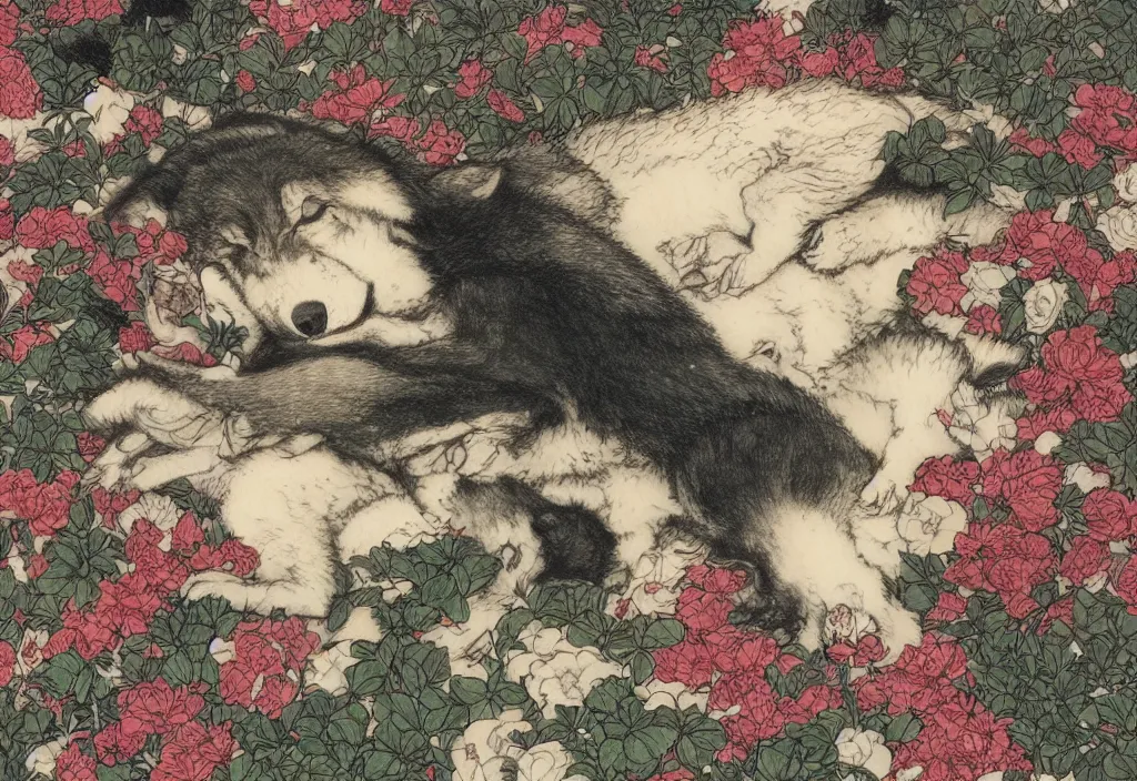 Prompt: chiaroscuro portrait of one single wolf cub sleeping in a bed of flowers, in the center of the picture by gharliera and takato yamamoto + anime, japanese kappademon + insane details wow high octane render