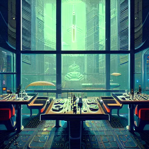 Image similar to futuristic cyberpunk restaurant, interior architecture view, beautiful detailed pixelart by albertov, intricate details, beautiful, dithered gradients, volumetric lighting, cgsociety, artstation, smooth, sharp focus, 2 d illustration, by greg rutkowski, amazing art by dan mumford