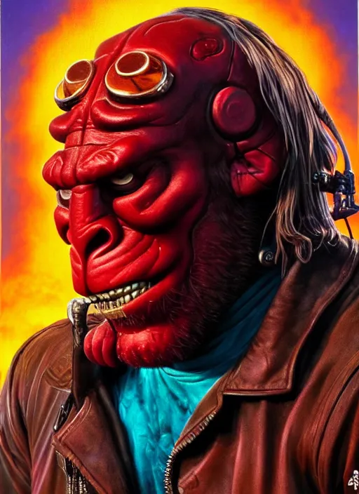 Prompt: ron pearlman's hellboy as an apocalyptic scifi orcish biker character, psychedelic vibrant colors, futuristic punk rock fashion, oil painting by michael whelan art, perfect face, sharp focus, detailed eyes, realistic, 8 k