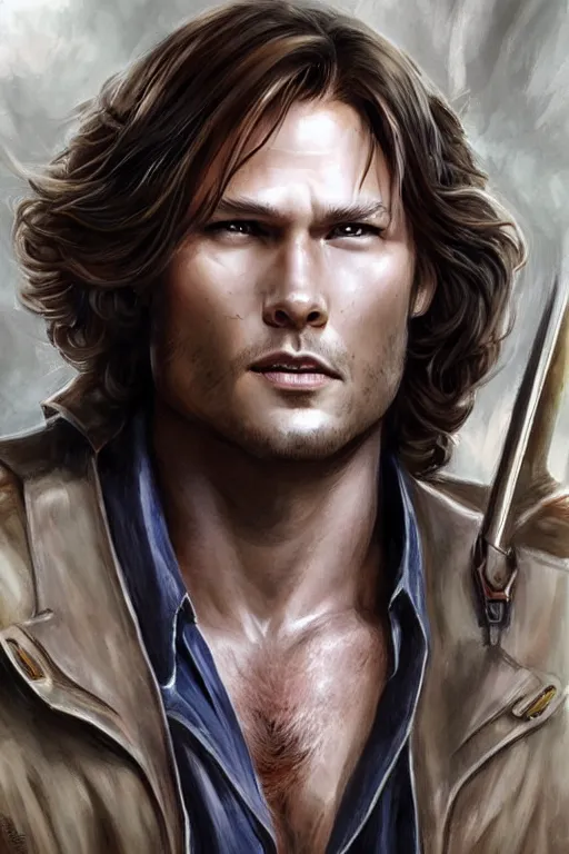 Image similar to front portrait of attractive sam winchester as a supernatural being, d & d!, fantasy style, sharp focus!, ultra detailed, art by artgerm and peter andrew jones, wlop