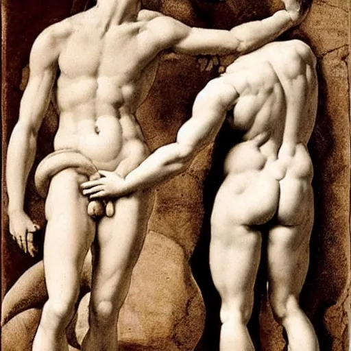 Image similar to two men, forbidden love, seperated by a deity, on one side is light on the other is darkness, body type is michelangelo's david in a renaissance style - h 9 0 0