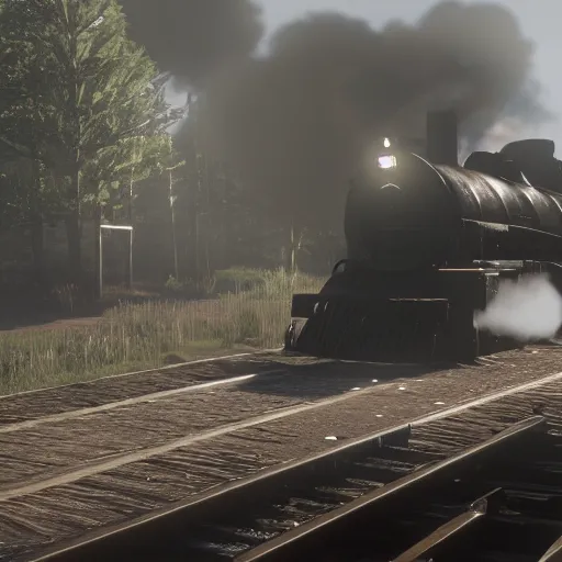 Image similar to A train in red dead redemption 2, screenshot, high quality image, widescreen, in-game engine, 8k, octane render