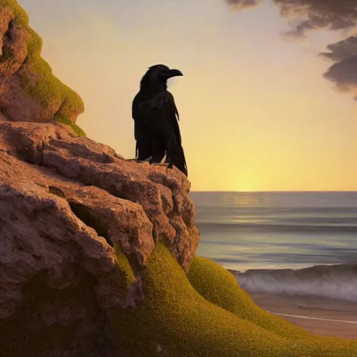 Prompt: a beautifully highly detailed portrait of a raven under a rock arch coves crashing waves plants at beautiful serene sunset detailed organic textures by frederic leighton and rosetti and turner and eugene von guerard, 4 k, octane render