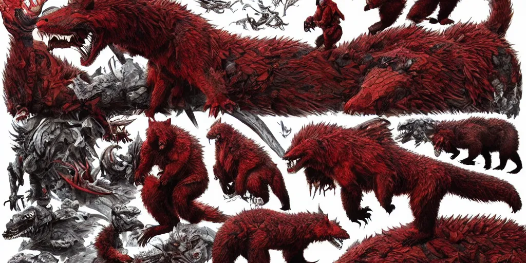 Prompt: Crimson red draconian grizzly bear character design sheet, Monster Hunter Illustrations art book, scaly, demonic, reptilian, white stripes all over its body, Moebius, Greg Rutkowski, Zabrocki, Karlkka, Jayison Devadas, Phuoc Quan, trending on Artstation, 8K, ultra wide angle, zenith view, pincushion lens effect.