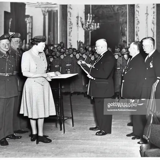 Prompt: 1 9 4 6 historical photo 1 3 5 mm of a single german general signing a peace treaty, a young queen elizabeth holds a corgi and watches the general sign the treaty, french village interior, highly detailed, sharp focus, symmetrical face