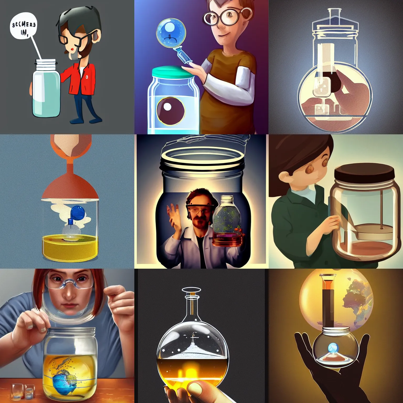 Prompt: a scientist holding a jar, inside the jar is a tiny globe!!!!!!!!!!, in a laboratory, digital art, artstation