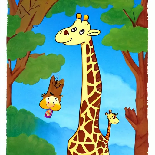 Image similar to giraffe falls for a scam, children's book illustration