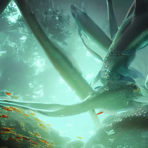 Prompt: school of fish swimming in the dreamy forest under water ,magical effect,cgsociety, 8k,hyperdetailed, artstation