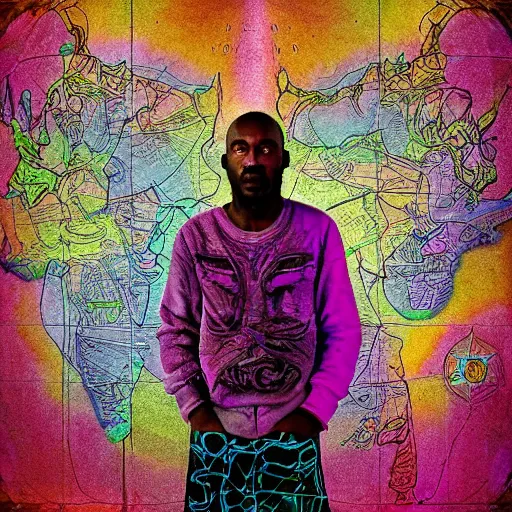 Prompt: alien map color professional studio portrait of a man from mali insane dmt color