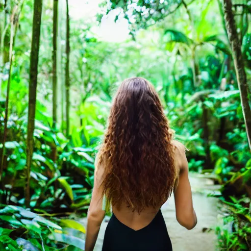 Prompt: beautiful female model, symmetric photo, back view, walking into a cenote in a lush jungle, vintage photograph, long wavy brunette hair, faded