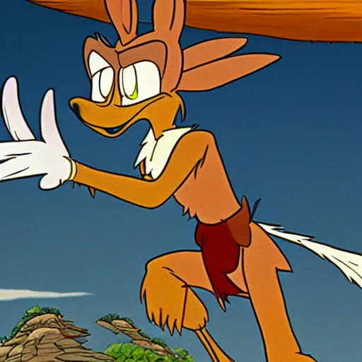 Image similar to road runner and wile e. coyote, studio ghibli