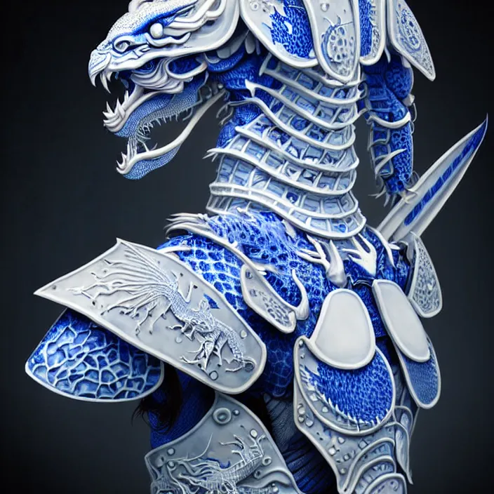 Image similar to man wearing porcelain cyborg armor, Chinese Kangxi Blue and white dragon pattern porcelain, diffuse lighting, fantasy, intricate, elegant, highly detailed, lifelike, photorealistic, digital painting, artstation, illustration, concept art, smooth, sharp focus, art by John Collier and Albert Aublet and Krenz Cushart and Artem Demura and Alphonse Mucha