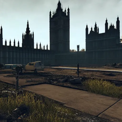 Prompt: Houses of Parliament, London in ruins post-nuclear war in Fallout 4, in game screenshot