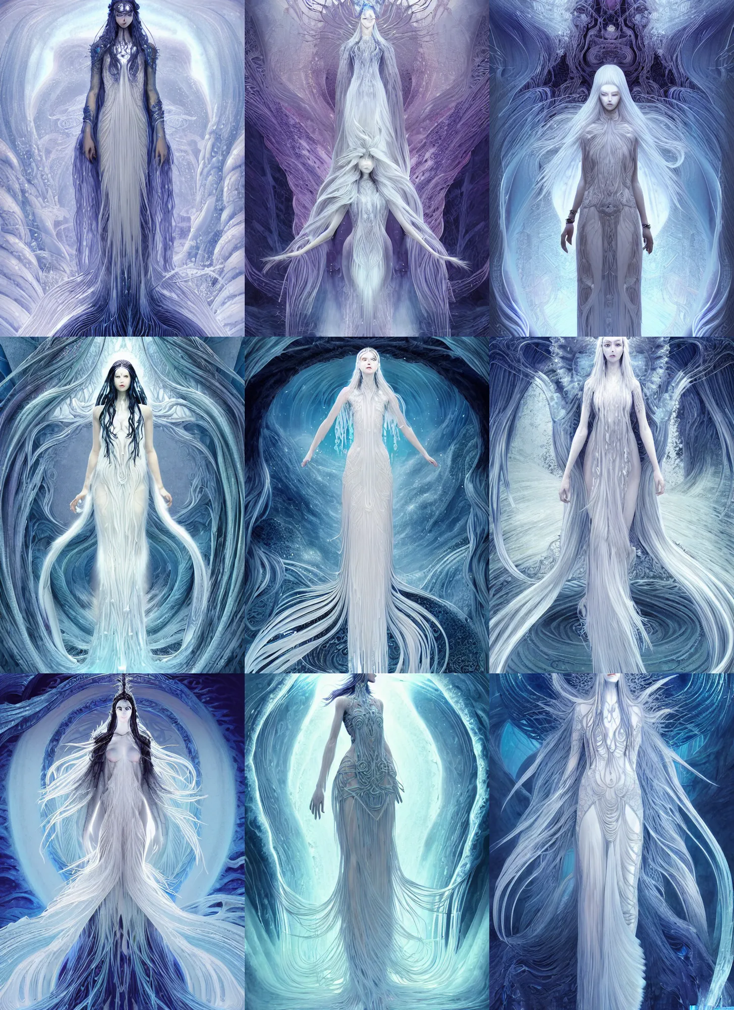 Prompt: goddess made of ice long hair like a waterfall, full body, horizontal symmetry!, elegant, intricate, highly detailed, fractal background, digital painting, artstation, concept art, wallpaper, smooth, sharp focus, illustration, epic light, art by kay nielsen and zeen chin and wadim kashin and sangyeob park, terada katsuya