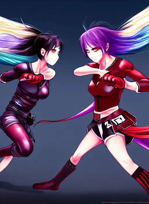 Image similar to two beautiful identical female fighters facing each other, dim lighting, gorgeous features, high resolution, detailed digital anime art