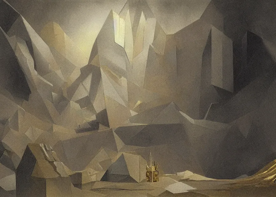 Prompt: a geometric drawing of platinum and gold painted by greg rutkowski and albert bierstadt, surrealism by dali