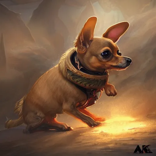 Image similar to tan coloured chihuahua Dog, battle armour, Anthropomorphized, casting epic spell, magic the gathering artwork, D&D, fantasy, cinematic lighting, centered, symmetrical, highly detailed, digital painting, artstation, concept art, smooth, sharp focus, illustration, volumetric lighting, epic Composition, 8k, art by Akihiko Yoshida and Greg Rutkowski and Craig Mullins, heroic pose, oil painting, cgsociety, magic lab background