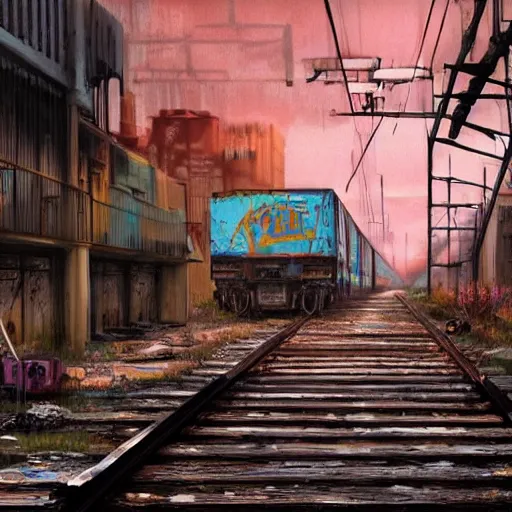 Prompt: a punk painting graffitis on a train wagon full of graffitis in an abandoned train yard at sunset, cyberpunk city, melancholic atmosphere, matte painting, revok, jonone, epic masterpiece, romanticism, cope 2, digital art, ultra detailed, trending on artstation, marc simonetti,