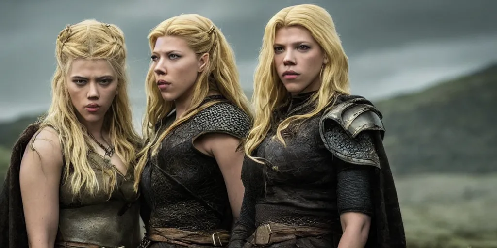 Prompt: Scarlett Johansson and Katheryn Winnick in the TV series Vikings