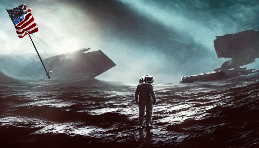 Image similar to astronaut holding a flag in an underwater desert. a submarine is visible in the distance. dark, concept art, cinematic, dramatic, atmospheric, 8 k, trending on artstation, blue, fish, low visibility, fog, ocean floor, christopher nolan, interstellar