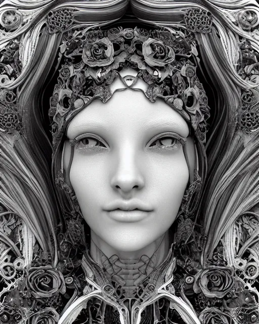 Image similar to mythical dreamy black and white organic bio-mechanical spinal ribbed profile face portrait detail of translucent steampunk beautiful female angelic-human-queen-vegetal-cyborg, highly detailed, intricate trnaslucent ivy jelly ornate, poetic, translucent roses ornate, 3D render, digital art, octane render, 8K artistic photography, photo-realistic, by Dora Maar