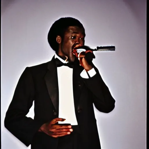 Image similar to a man in a tuxedo singing into a microphone, a colorized photo by Svend Rasmussen Svendsen, dribble, harlem renaissance, 1970s, 1990s, movie still