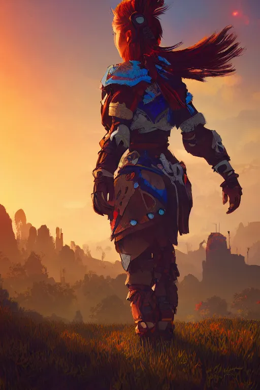 Image similar to combination suit armor aloy horizon forbidden west horizon zero dawn radiating a glowing aura global illumination ray tracing hdr fanart arstation by ian pesty and alena aenami artworks in 4 k tribal robot ninja mask helmet backpack