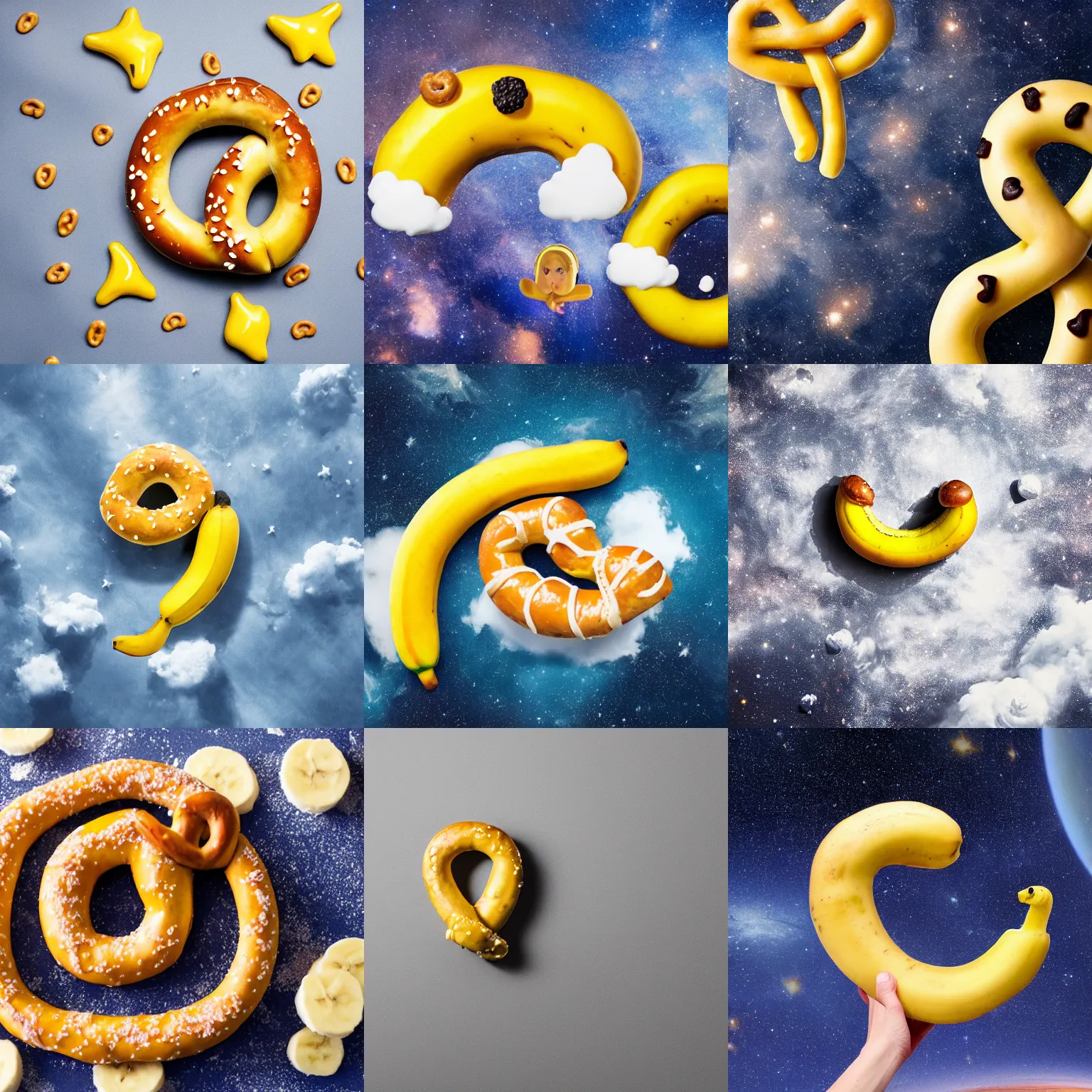 Prompt: a pretzel with a banana hat, floating on a cloud in outer space, photo