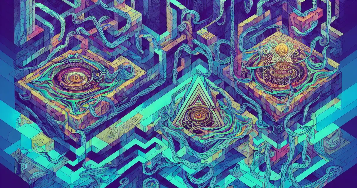 Image similar to arcane twisted turn of fate abstraction, centered award winning ink pen illustration, isometric abstract illustration by dan mumford, edited by craola, technical drawing by beeple and tooth wu, tiny details by artgerm and watercolor girl, symmetrically isometrically centered