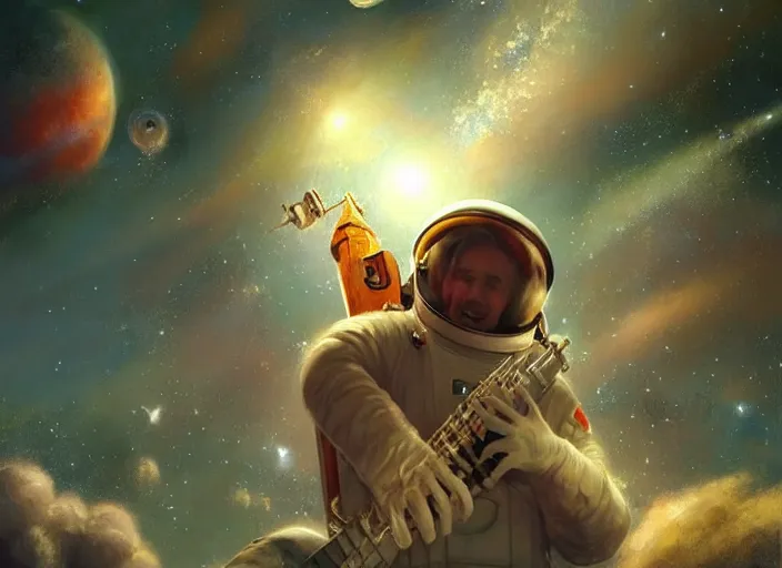 Image similar to craig mullins and ghibli digital illustration of an astronaut floating in the middle of the cosmos playing the oud playing the oud oud oud!!! improvisation, full body!!!, strong contrast, earth, galaxies, ethereal, inviting, bright, unreal engine, hyper realism, realistic shading, cinematic composition, wide shot