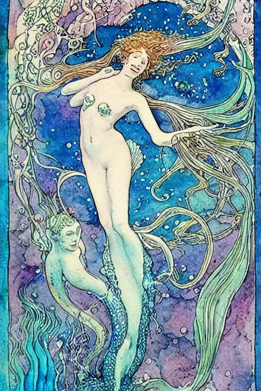 Prompt: alchemical mermaid underwater, fantasy art, art by hans zatzka and walter crane and kay nielsen, watercolor illustration,